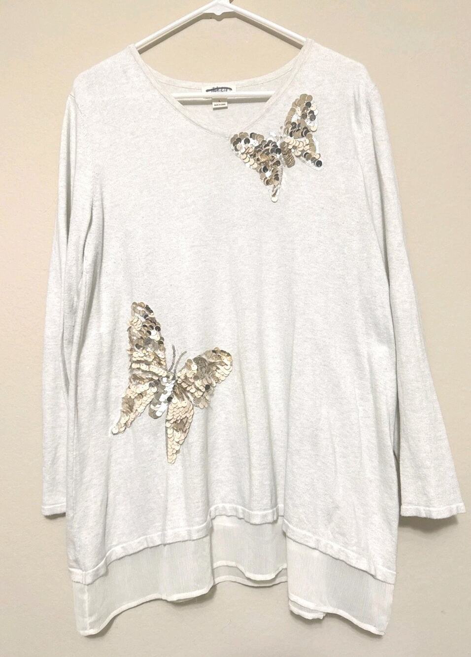 Style & Co Beige White Sequin Butterfly V-Neck Pullover Tunic L